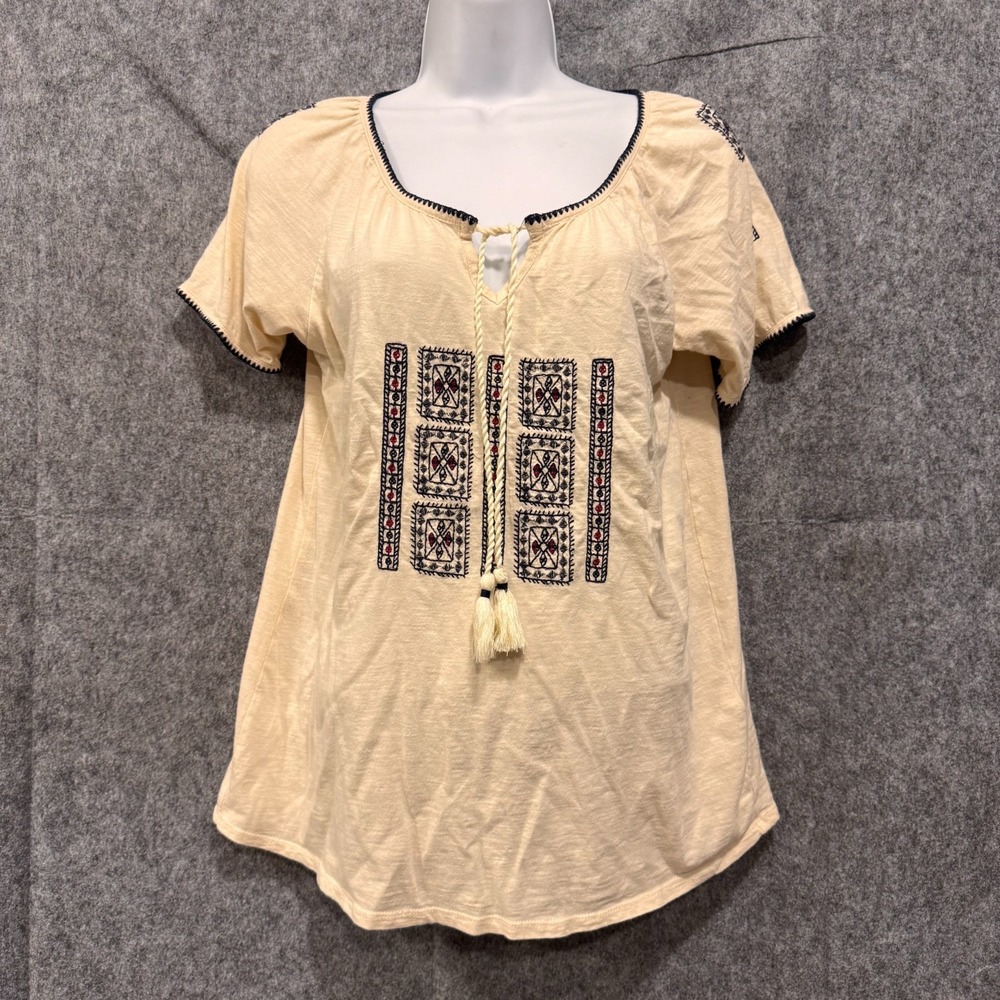 Lucky Brand Peasant Boho Embroidered Tassel Top Shirt Womens Medium Ivory Hippie